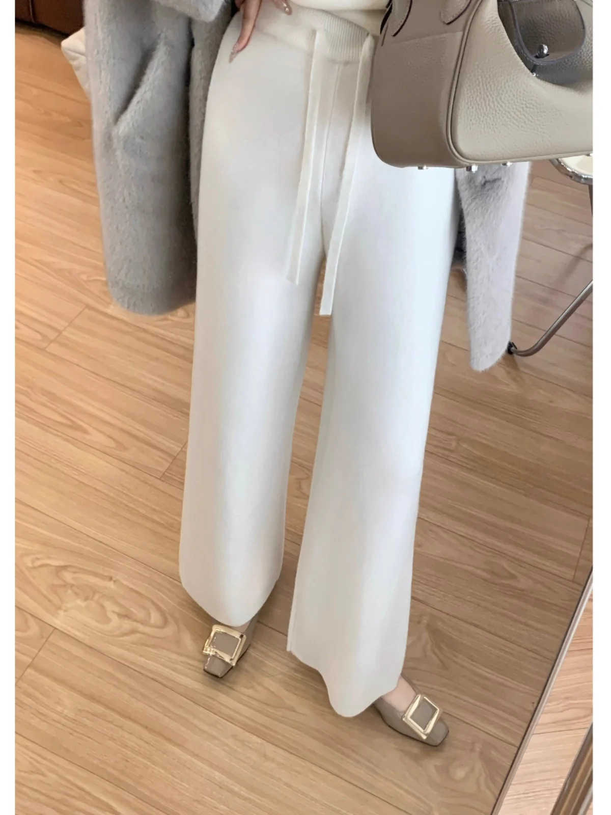 Oaeal Gebreide Wollen Wijde Pijpen Broek Dames Herfst Winter Rechte Casual Broek Afslanken Drapey Hoge Taille Pendelen Sle