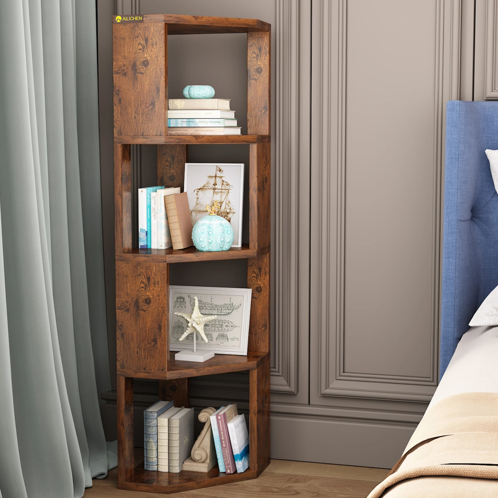 4 Tier Corner Shelf Bookcase Wooden Display Bookshelf Storage Rack,Standing Tall Corner Bookshelf Display Unit Storage Rack