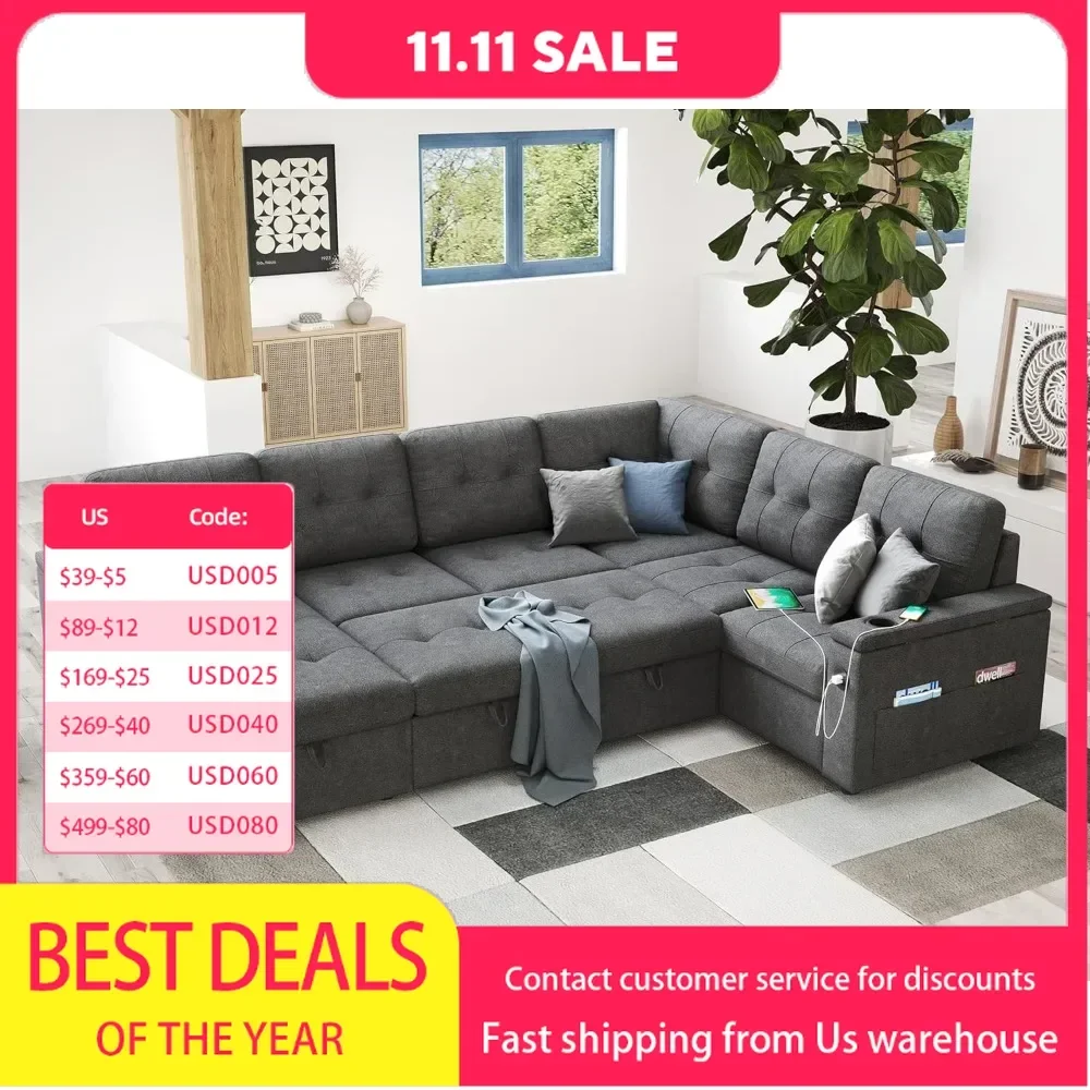 Sleeper Sofa Bed, 110 Inch Oversized Sofa with 2 USB Charging Ports & Cup Holders, U Shaped Pull Out Couch with Storage Chaise