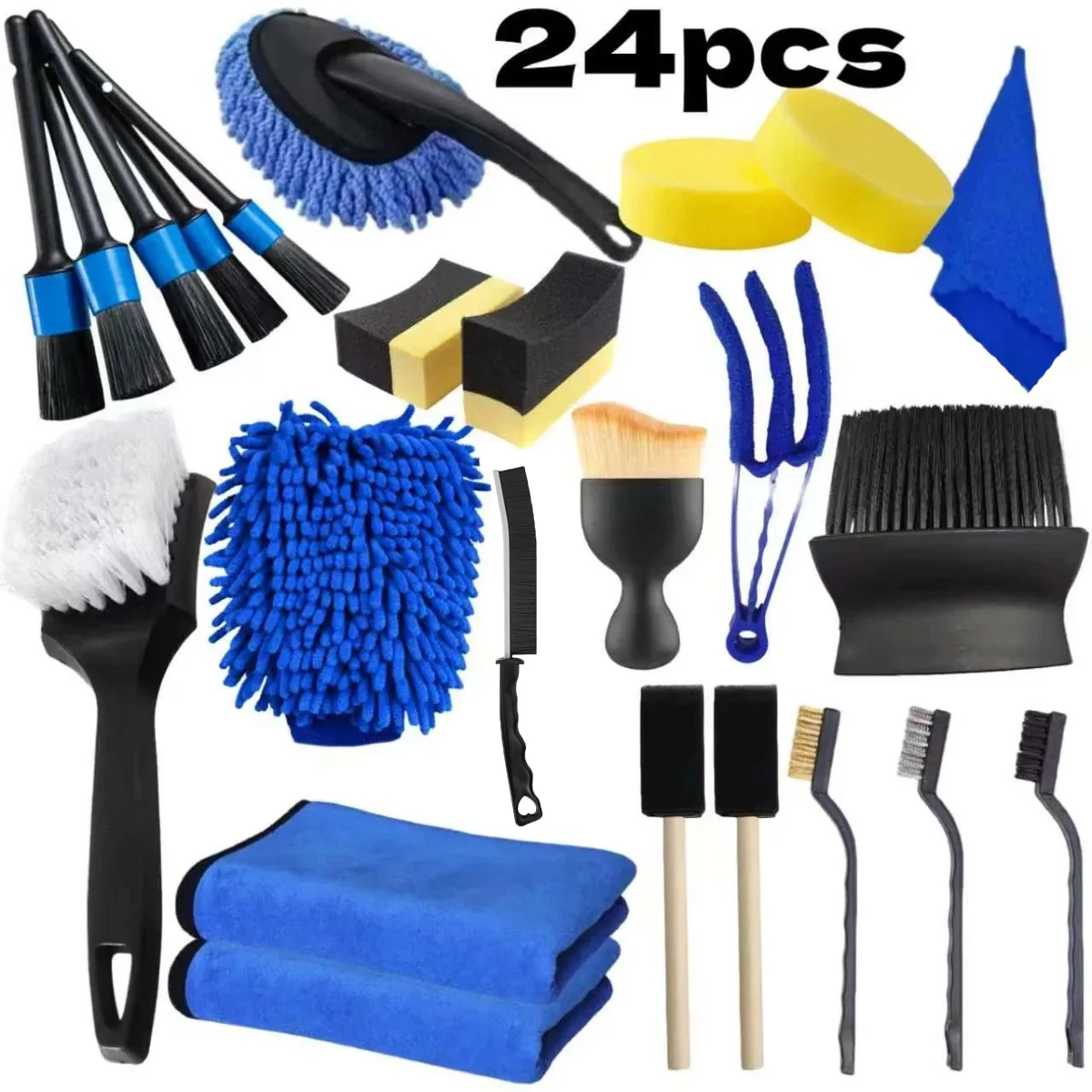24pcs Car Cleaning Tool Set Multi-Purpose Detail Brushes Polishing Cleaning Sponge Nylon Gloves Hub Brushes Uses For Car Care