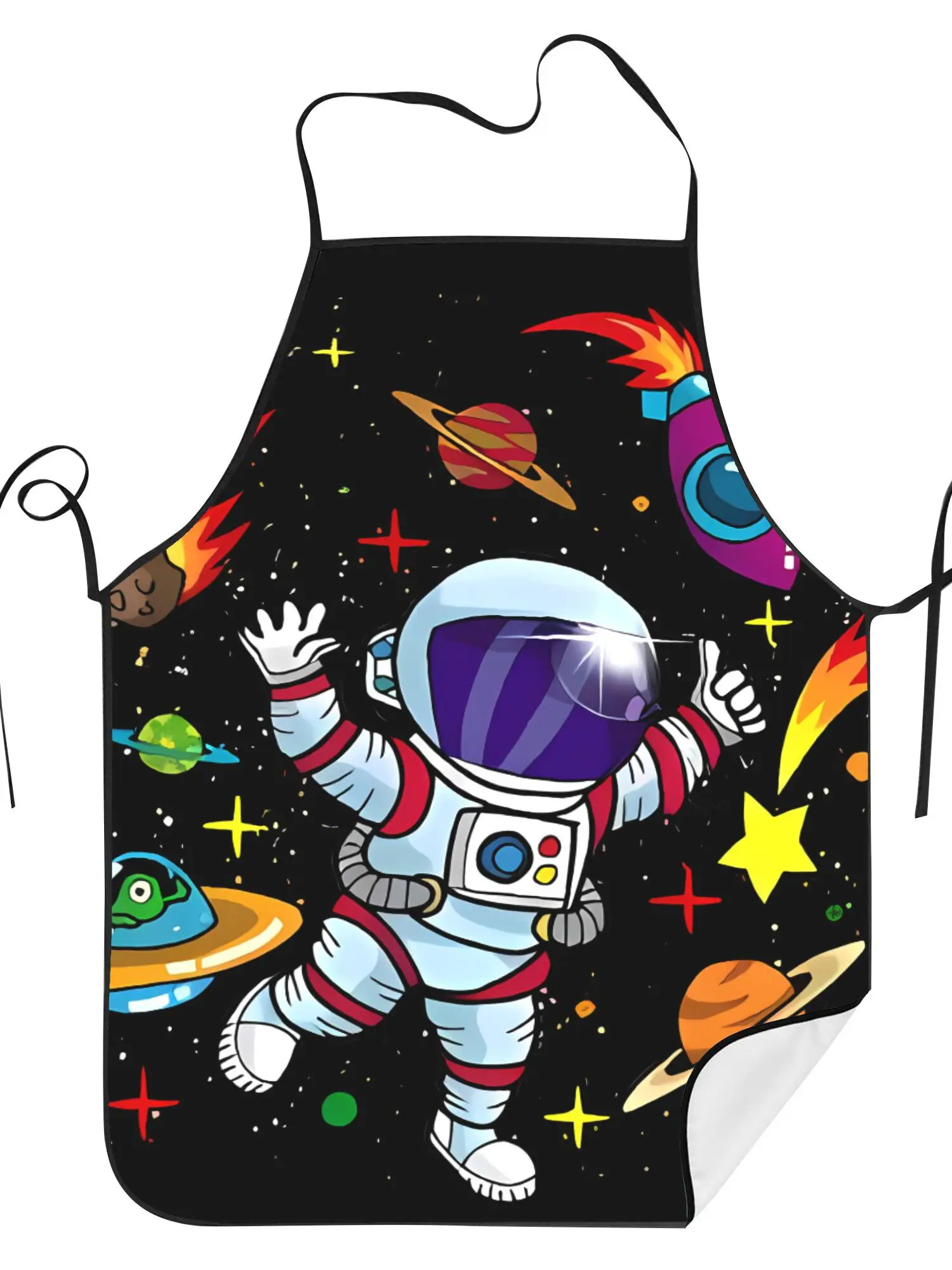 Cute Cartoon Astronaut Space Kitchen Apron - Funny Galaxy Planet Pattern Linen Look Chef Bib for Men Women Cooking Baking Gift