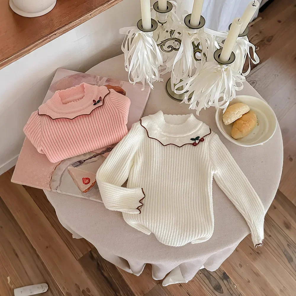 Girls Sweater 2026 Spring And Autumn New Childrens Clothing Girl Baby Sweet And Lovely Pure Color Cherry Bottom Shirt Casual