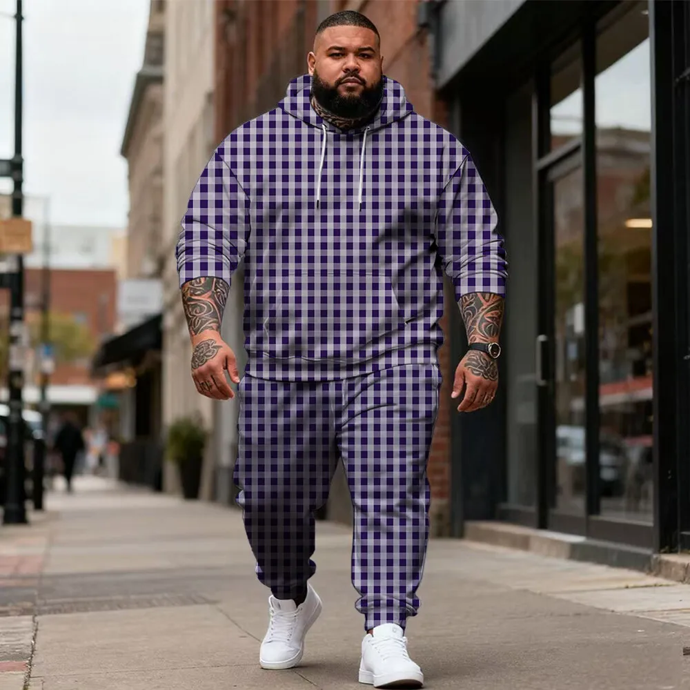 

S-9xl plus size Big & Tall Men's Hoodie Set with Texture & Plaid - Comfortable 2-Piece Outfit, Warm Breathable Material,