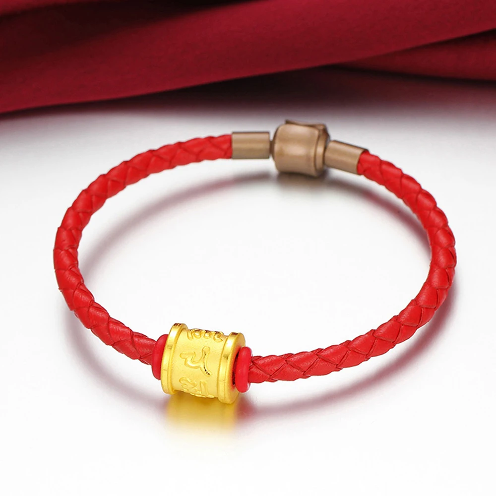 

Pure 24K Yellow Gold 3D Six-word Motto Bead Red Bracelet 1.2g For Women Gift