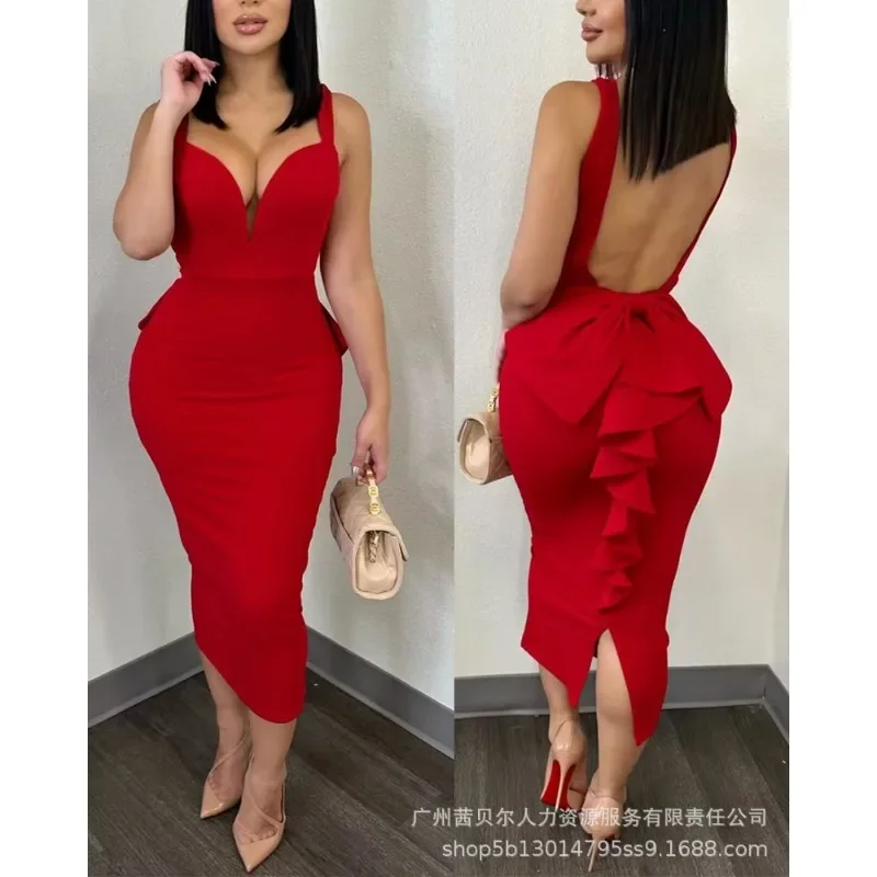 New Women's Backless Ruffles Patchwork Dress 2023 Elegant Sexy Evening Party Dress Women's Spaghetti Strap V-neck Slim Fit Dress