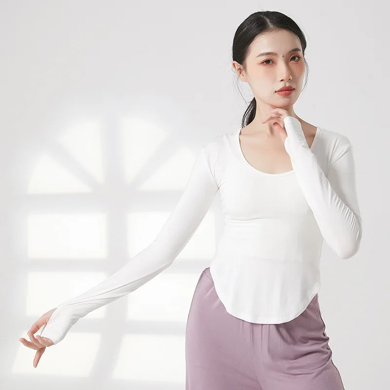 Pure desire style U-neck curved hem revealing chest t-shirt for women's classical modern dance practice suit, jazz fitness exerc