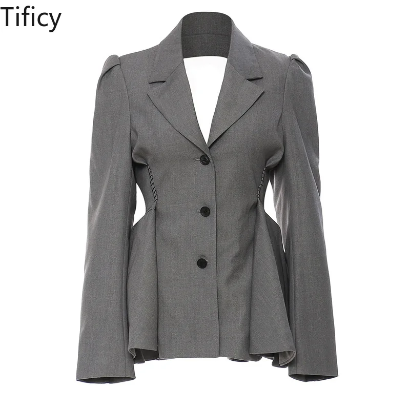 

TIFICY Autumn Open Back Lotus Leaf Hem Blazers Women's Waistband and Slimming Suit Jacket