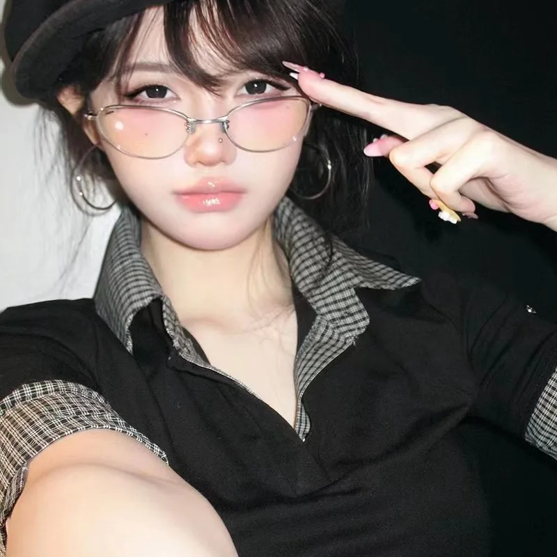 Korea Retro Alloy Anti-Blue Glasses Frame Women INS No Makeup Plain Glasses Men Decorative Computer Glasses