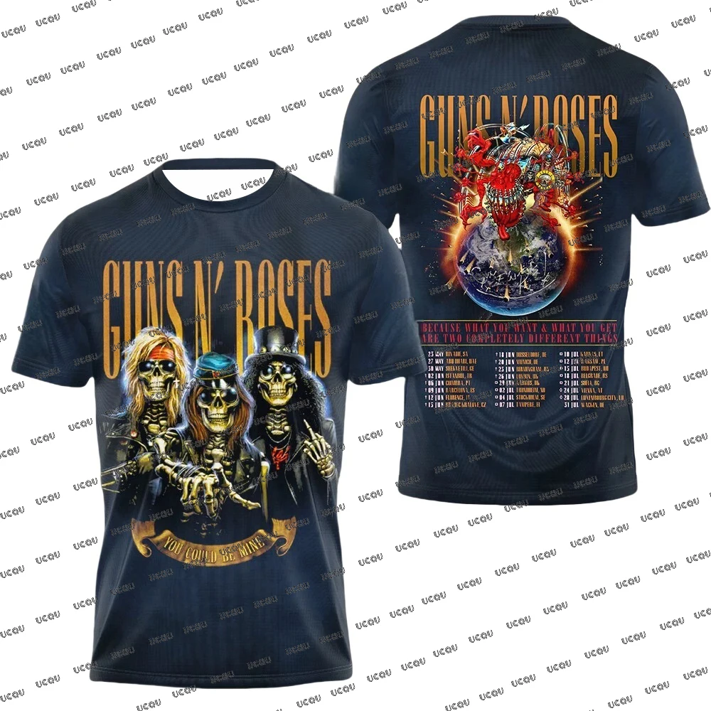 Guns N 'Roses 2025 قائمة جدول جولة العالم التي شيرت المشجعين هدية تي شيرت موضة الرجال والنساء ملابس الحفل عادية المتضخم