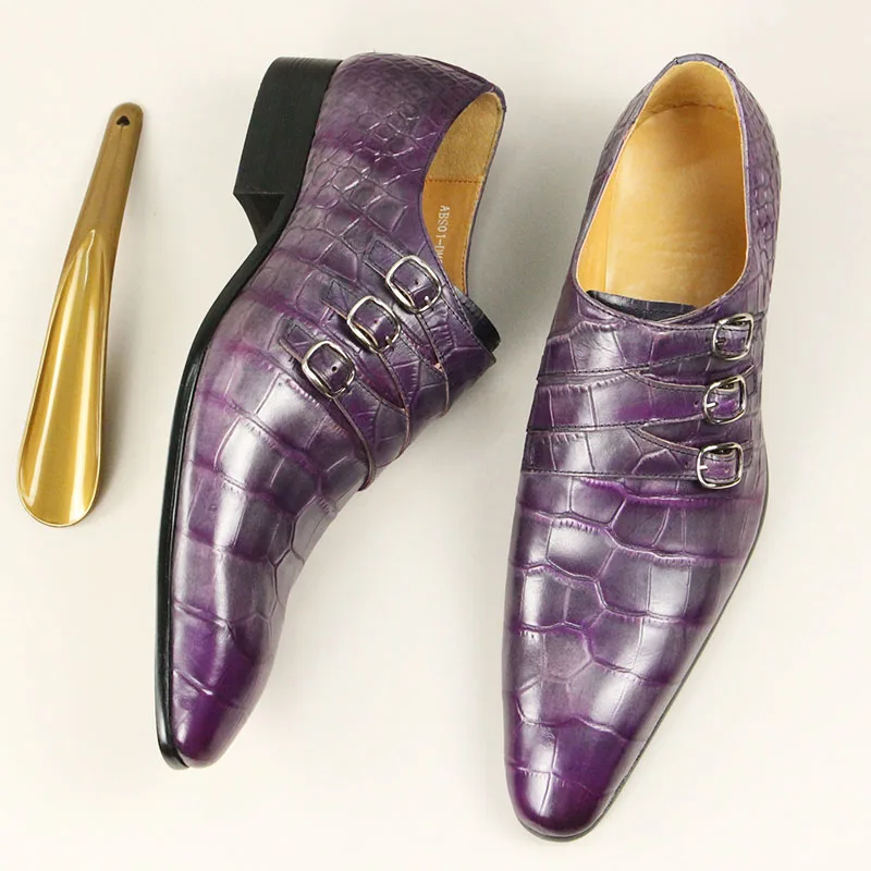 Sapatos de couro com padrão crocodilo masculino, fundo elegante, mocassins de couro puro, nova moda, roxo