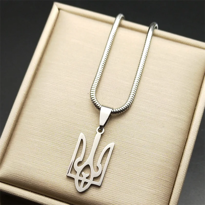 Fashion Ukraine Tryzub Trident Pendant Necklace for Women Men Stainless Steel Silver Color Magen National Emblem Choker Jewelry