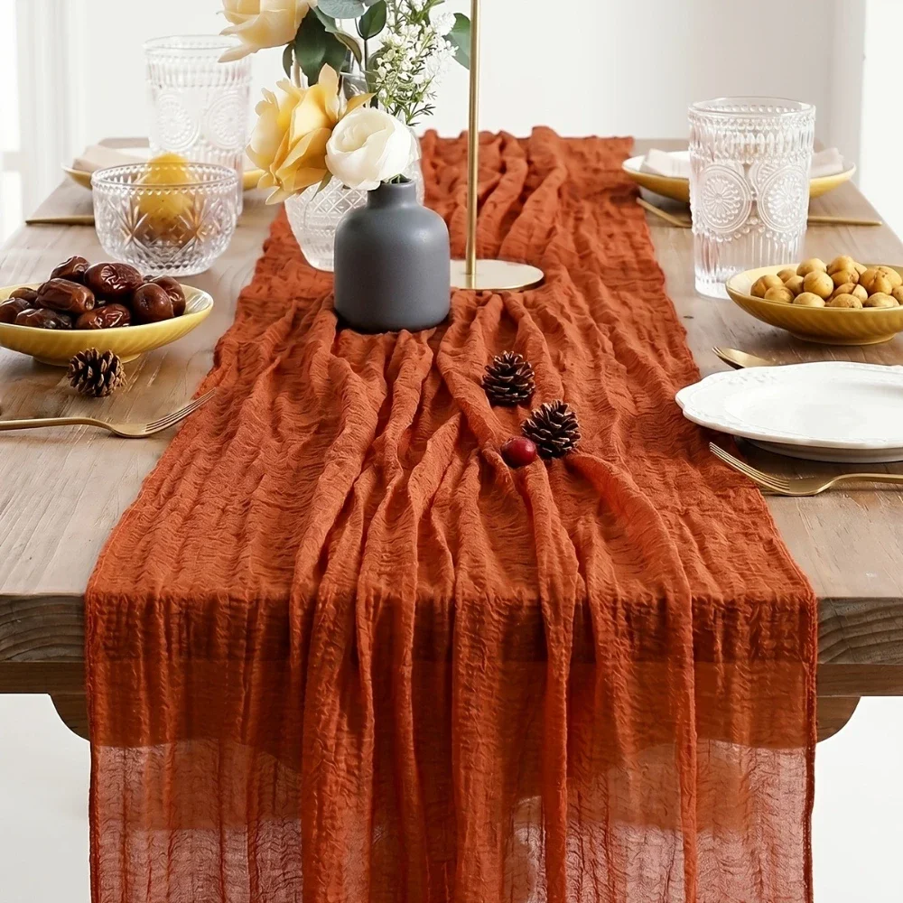 1pc, Orange Cheesecloth Table Runner, Brick Red Mesh Table Cover, Terracotta Tulle Table Runner for Dining Table