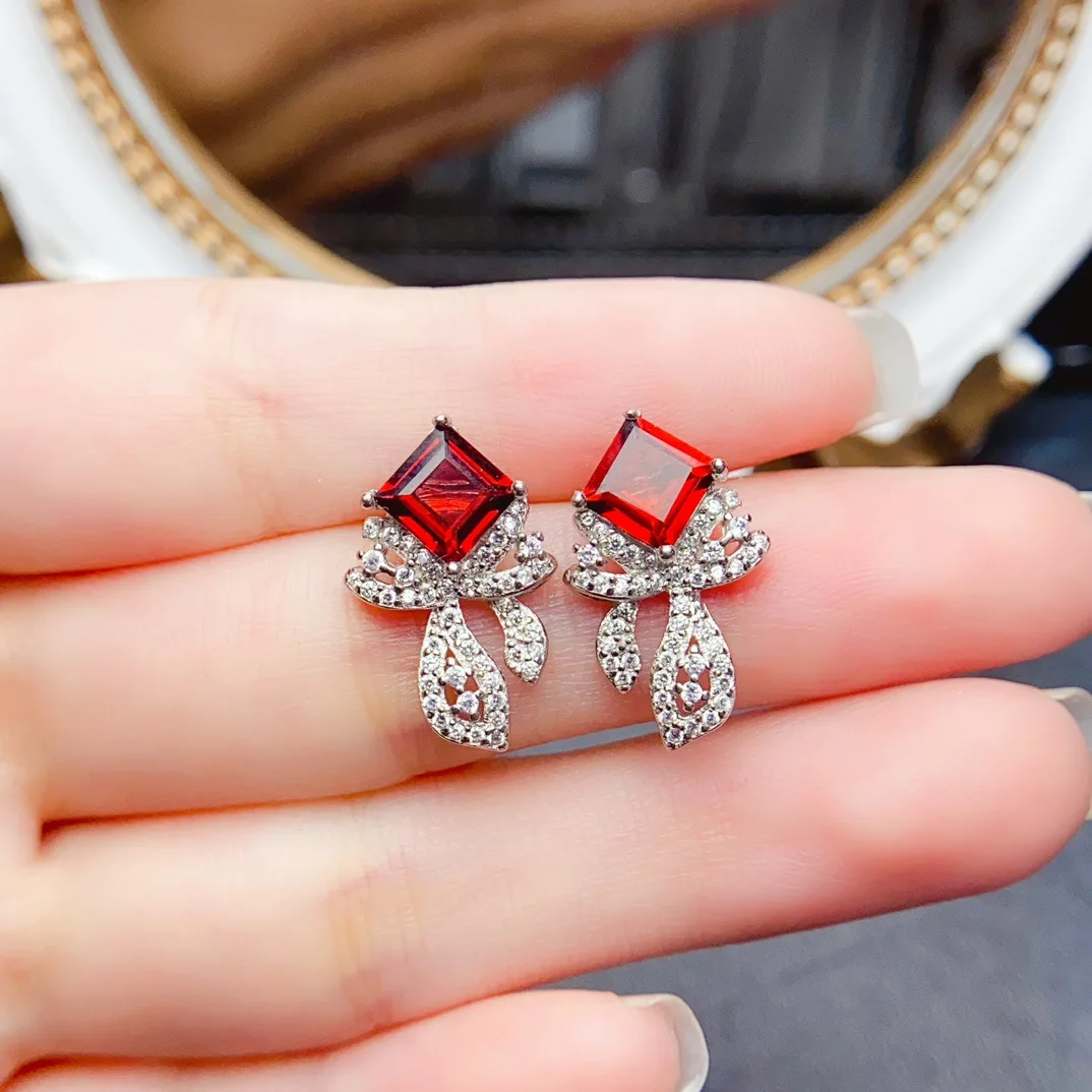 S925 Sterling Silver Natural Red Sapphire Stud Earrings,4*5mm Square Gemstone Bow‑Shaped Inlaid Zircon, Elegant Drop Jewelry