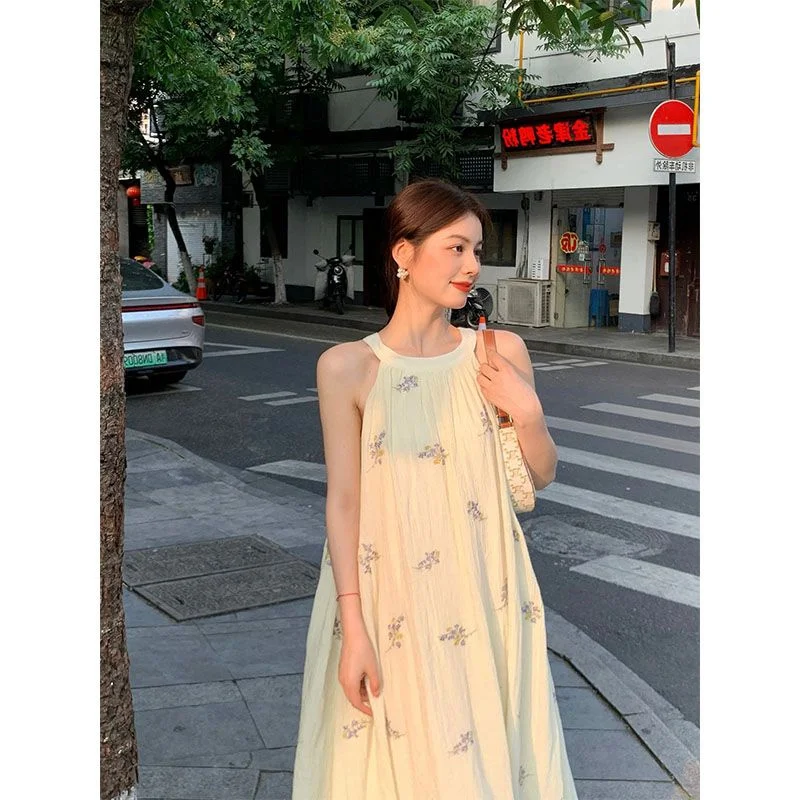 

plus Size Summer Floral Print Maxi Dr Women's Svel Ne Hanging Vaion Loose A-Line Skirt Sle Casual Commute Wind