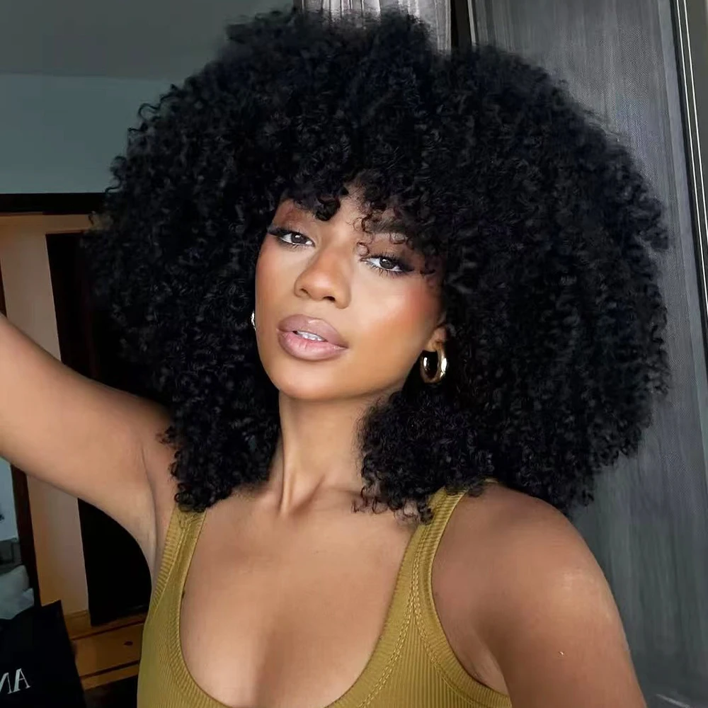 

Short Afro Wig with Bangs for Black Women Kinky Curly Natural Looking Synthetic Hair Wig Heat Resistant for Party Daily Cosplay