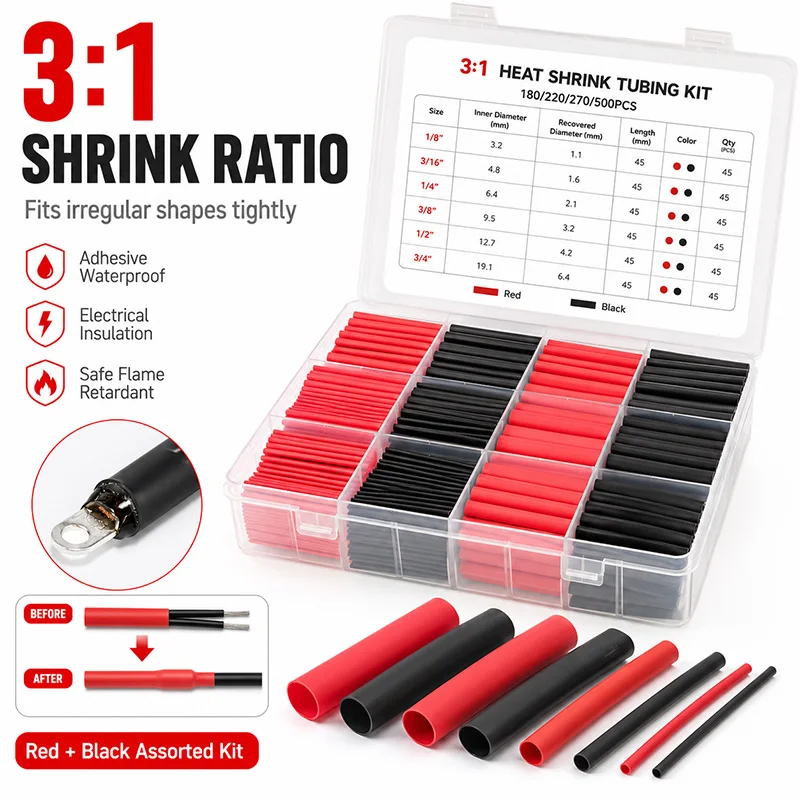 180-500PCS 3:1 Adhesive Heat Shrink Tubing Kit Polyolefin Wire Cable Sleeve Waterproof Insulation Assorted Pre Cut Tubes