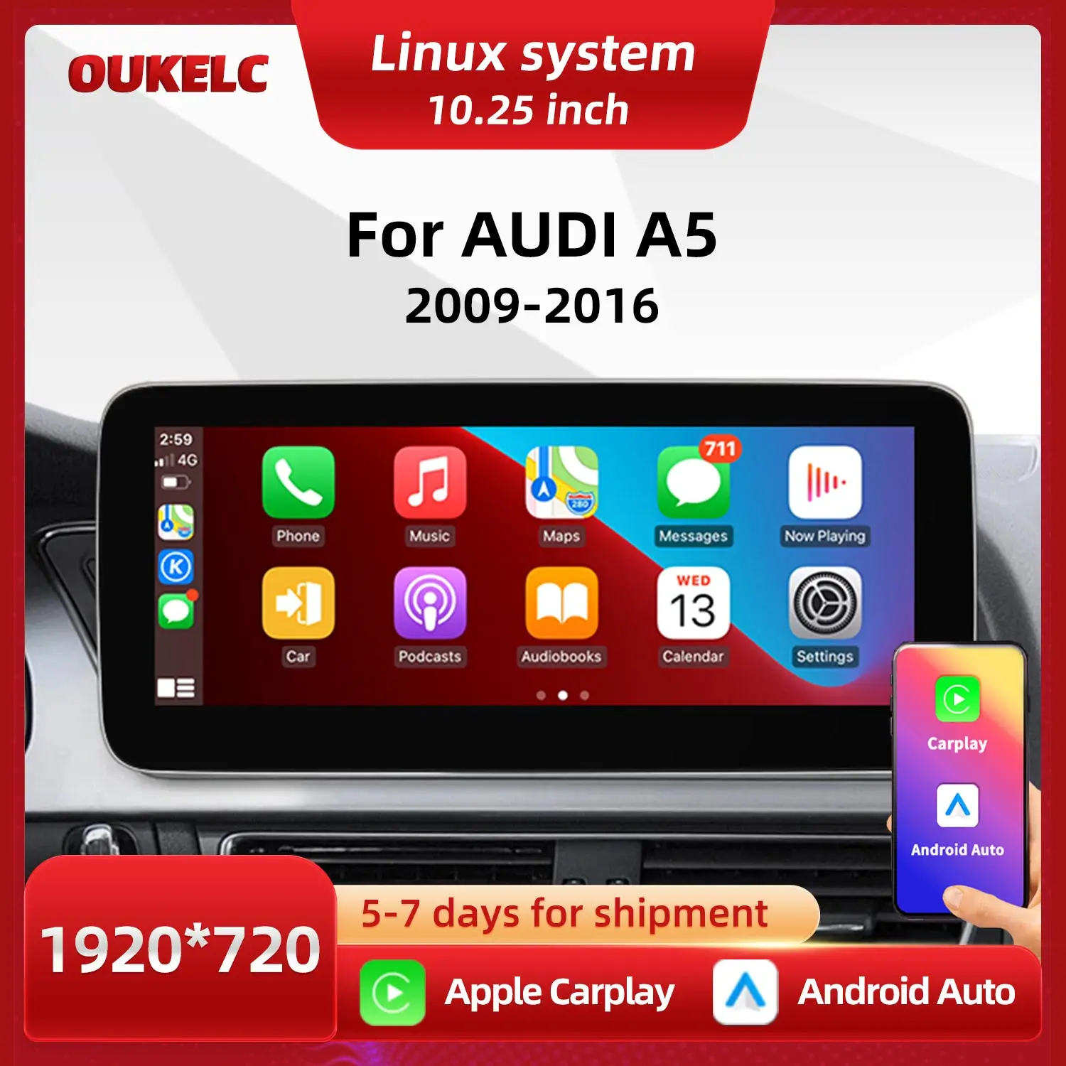 

Для AUDI A5 2009-2016 Беспроводной мультимедийный видеоплеер Carplay с Bluetooth, стереодисплеем, Android Auto, монитором и экраном Carplay 10.25 дюймов