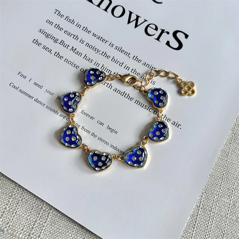 Oscar Vintage Matte Blue Heart Bracelet for Women, Dreamy Atmosphere with Rhinestones,Fashion Jewerly