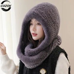 Hot Sale New Women Real Knitted Rex Rabbit Fur Hat Hooded Scarf Long Winter Warm Fur Hat With Neck Collar Scarves Hat Scarf