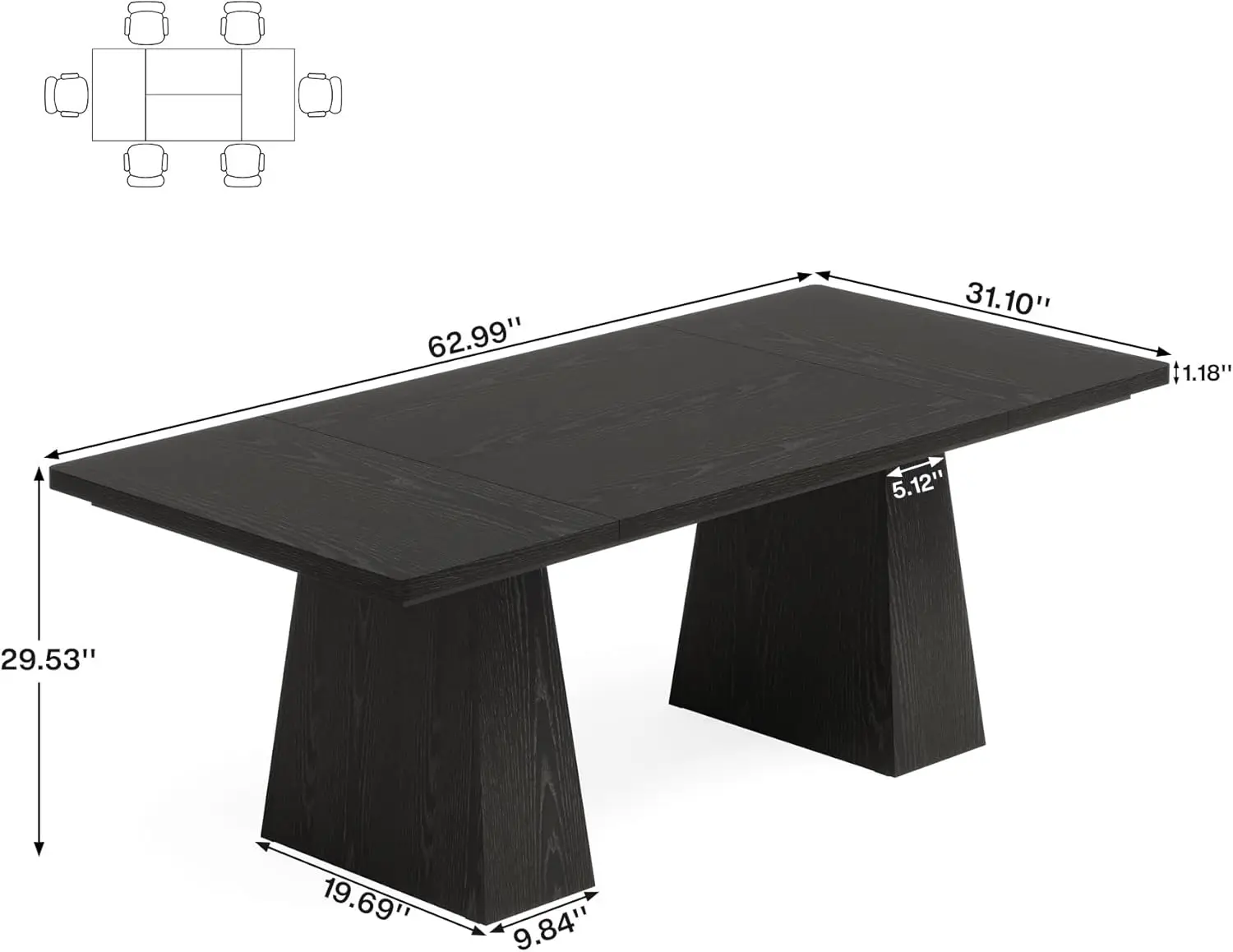 Black Dining Table for 4-6, Modern Kitchen Table with Sturdy Tapered Wood Legs, Rectangular Dinner Table with Large Tabletop for