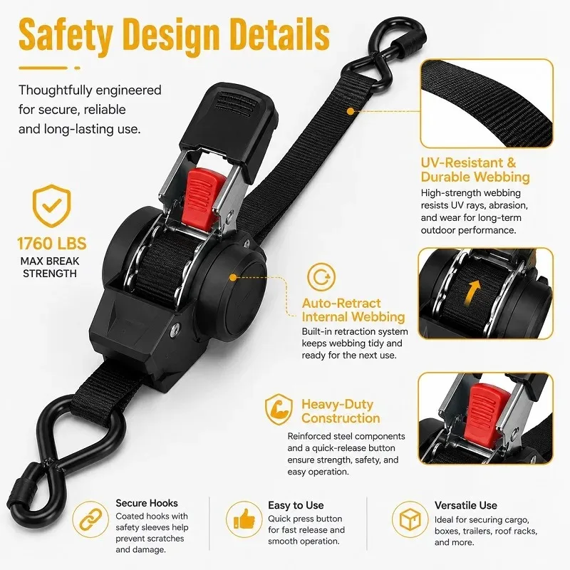 Automatic Retractable Tie Down Straps Heavy Duty Self Tightening Cargo Belt Ratchet Tensioner Fast Locking Truck Motorcycle ATV