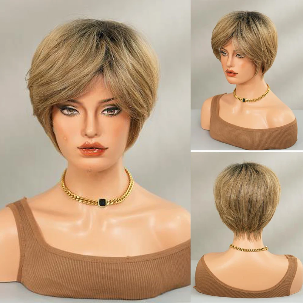 Pelo sintético rizado corto en capas de 8 pulgadas, marrón dorado, peluca de alta calidad Natural y esponjosa para fiesta diaria de mujeres de mediana edad