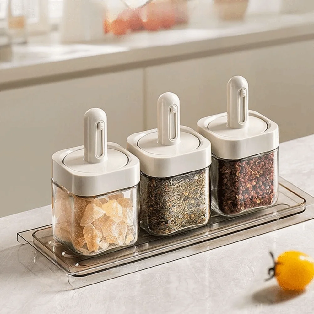 

3Pcs Sealed Glass Seasoning Bottle Leakproof Household Salt Container with Retractable Spoon Moisture-Proof Salt Storage Box