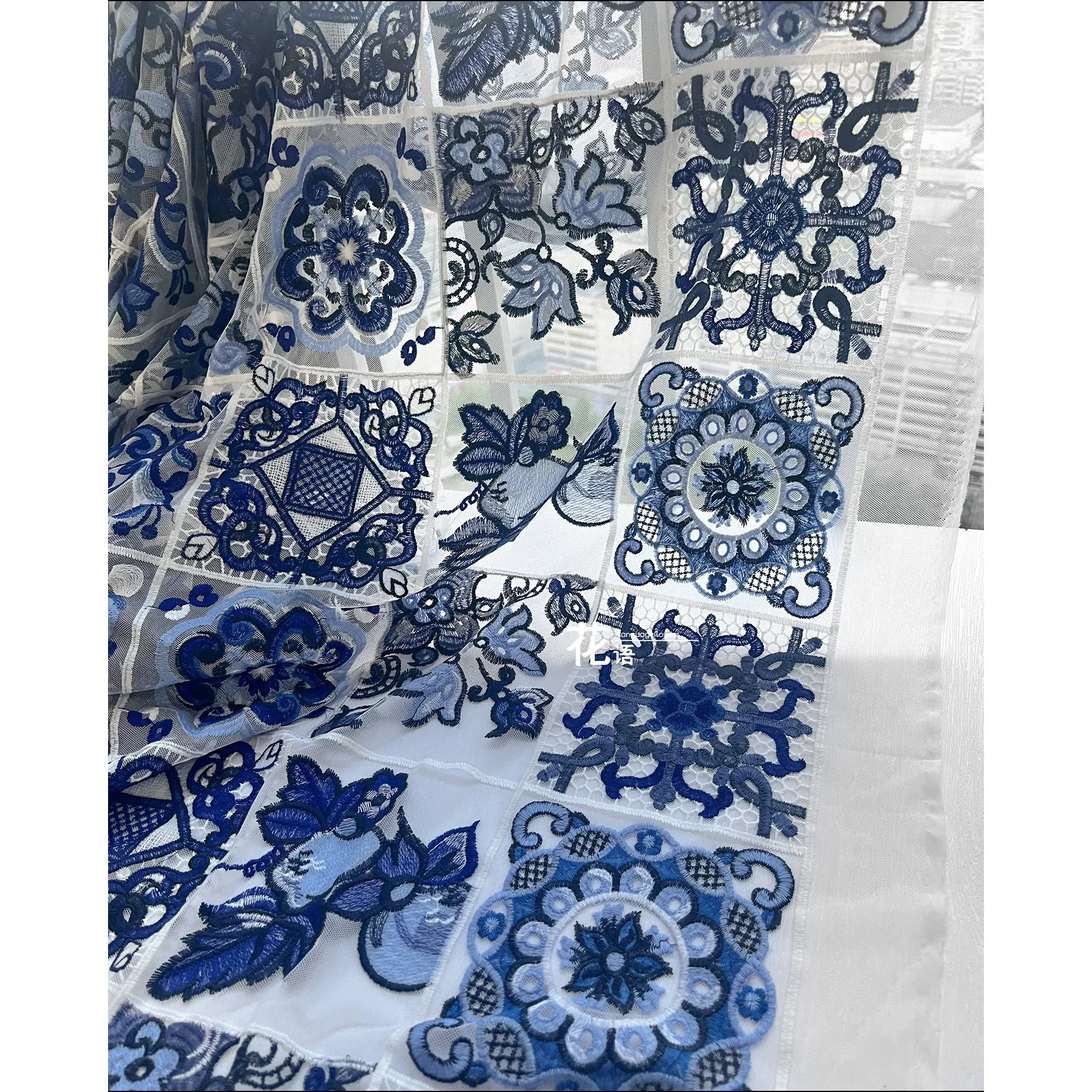 Blue White Floral Check Embroidered Designer Fabric Semi Sheer Decorative Textile for Clothing Design and DIY Accessories