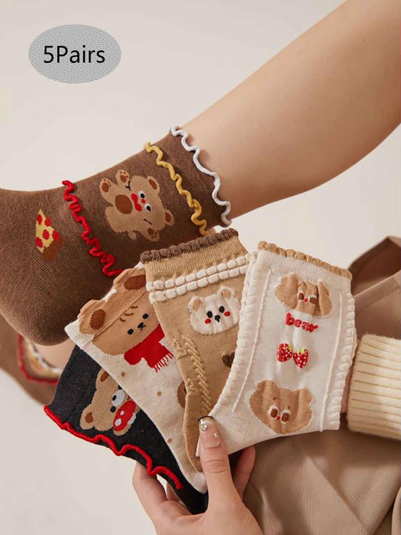 

5 пар разноцветных осенне-зимних женских носков до середины икры с милым медведем и грибком, модные носки в японском стиле, хлопковые носки с антибактериальным и дезодорантом, женские носки