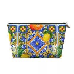 Custom Sicilian Tiles Summer Fruit Oranges Lemons Makeup Bag Women Travel Cosmetic Organizer Fashion Storage Toiletry Bags