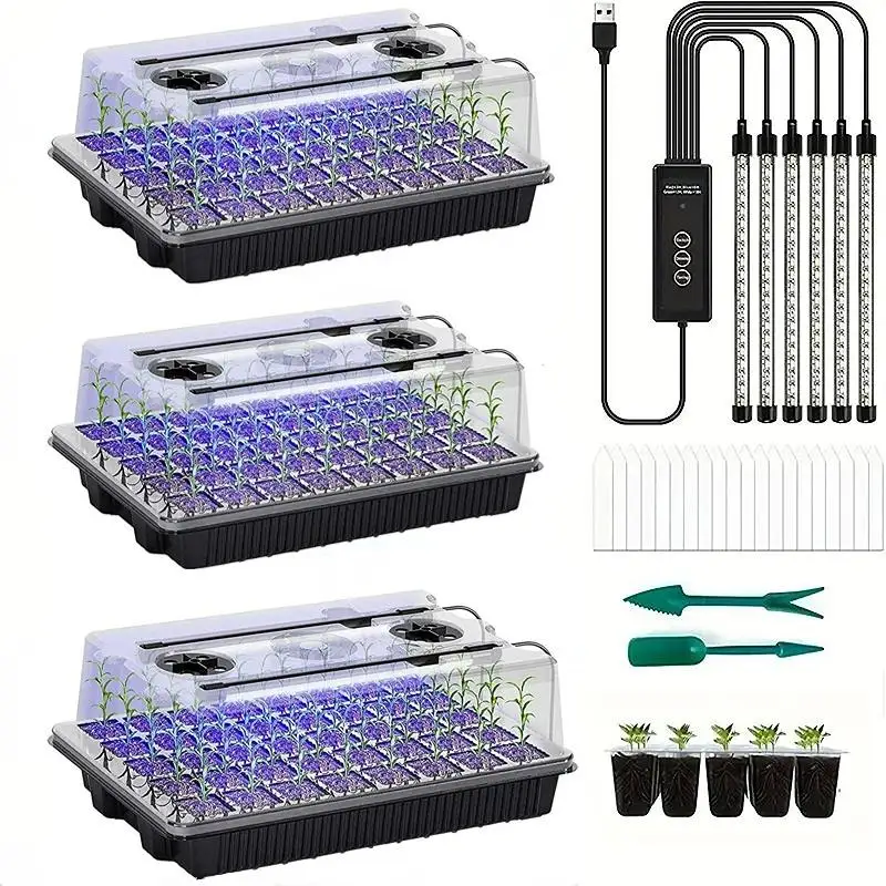 3Pack 120 Cells Seed Starter Tray 6 LED Grow Lights Smart Timer 3 Modes Indoor Greenhouse Germination Kit for Home Gardener
