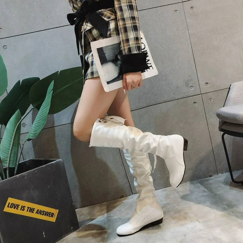 Women's Knee-high Boots 2025 Pleated Low Heel Casual Leather Female Boots Designer Heel High Red Leather Boots Plus Size 35-43 - Image 5