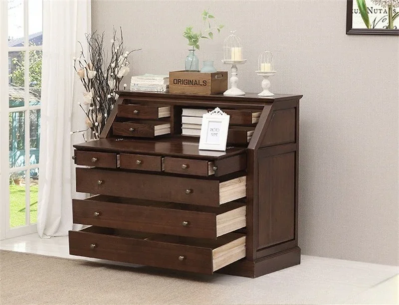 American solid wood desk, log retro engraved computer study multi-functional writing desk