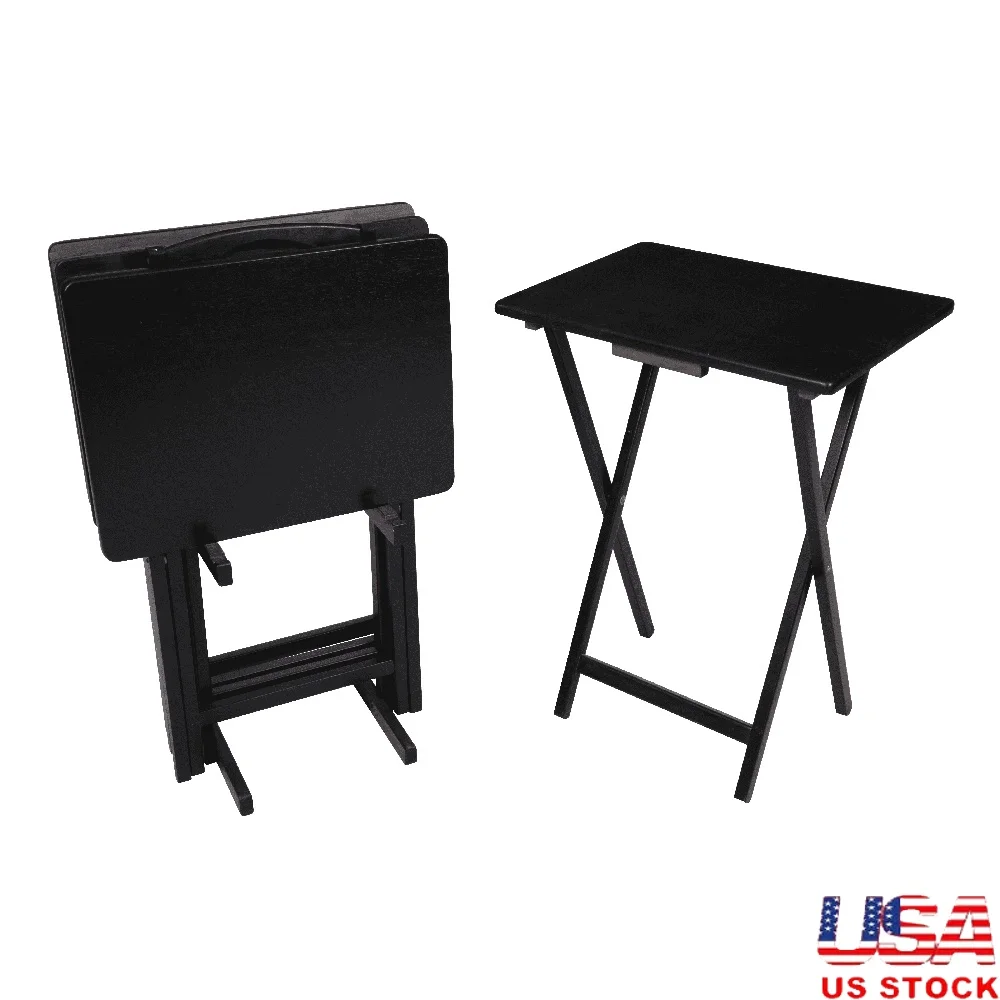 

Indoor Folding Table Set of 4 with Storage Rack Space Saving Portable Tray Tables Easy Assembly Living Room Dining Home Use