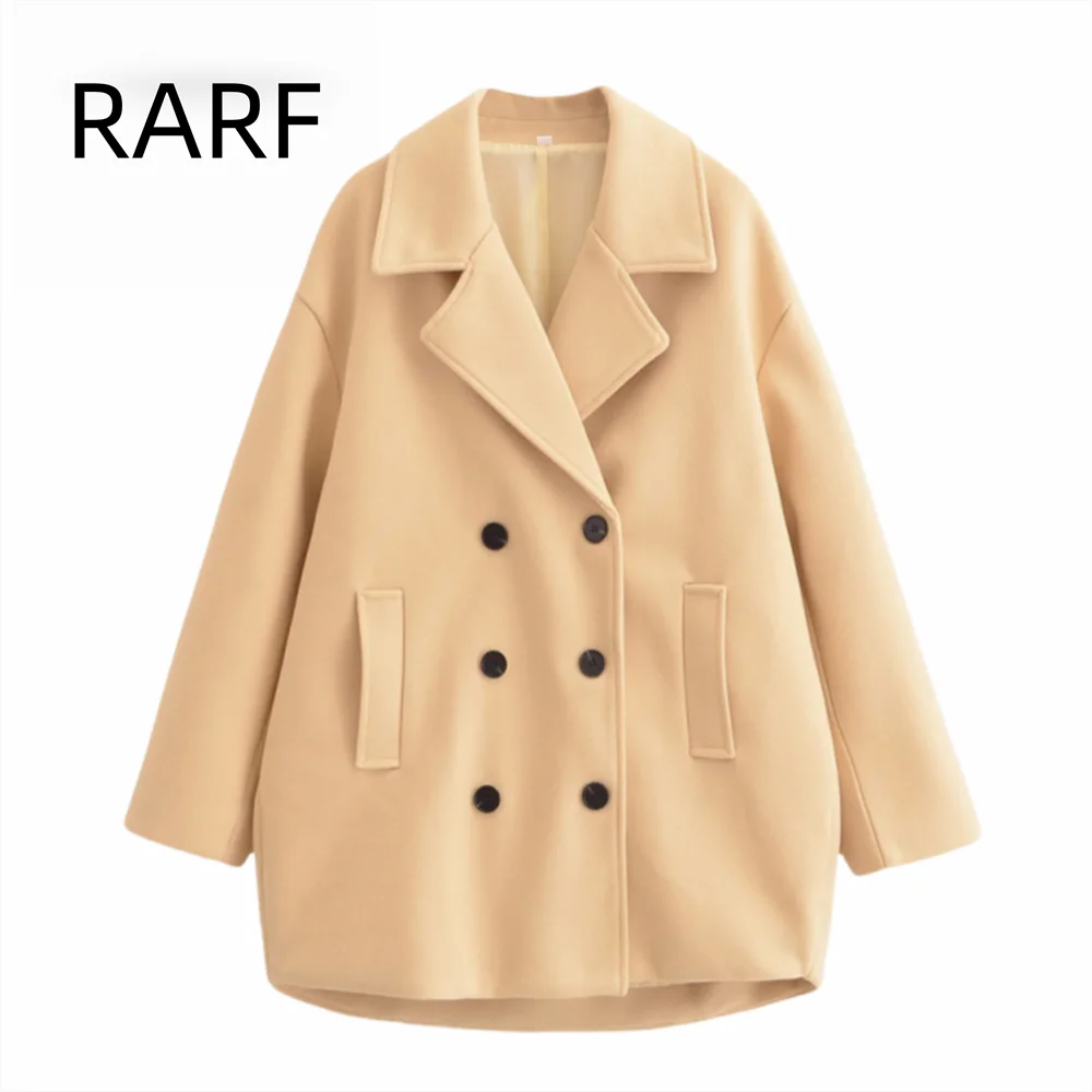 

2024 autumn new women's clothing retro loose casual lapel long sleeved double row buttoned woolen coat jacket