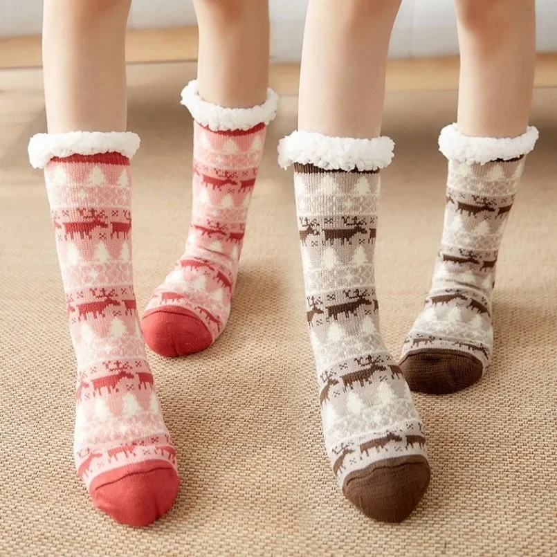 Winter Warm Socks Women Penguin Plush Soft Female Non Slip Floor Slippers Short Sock Fuzzy Fluffy Deer Elk Bear Christmas Gift