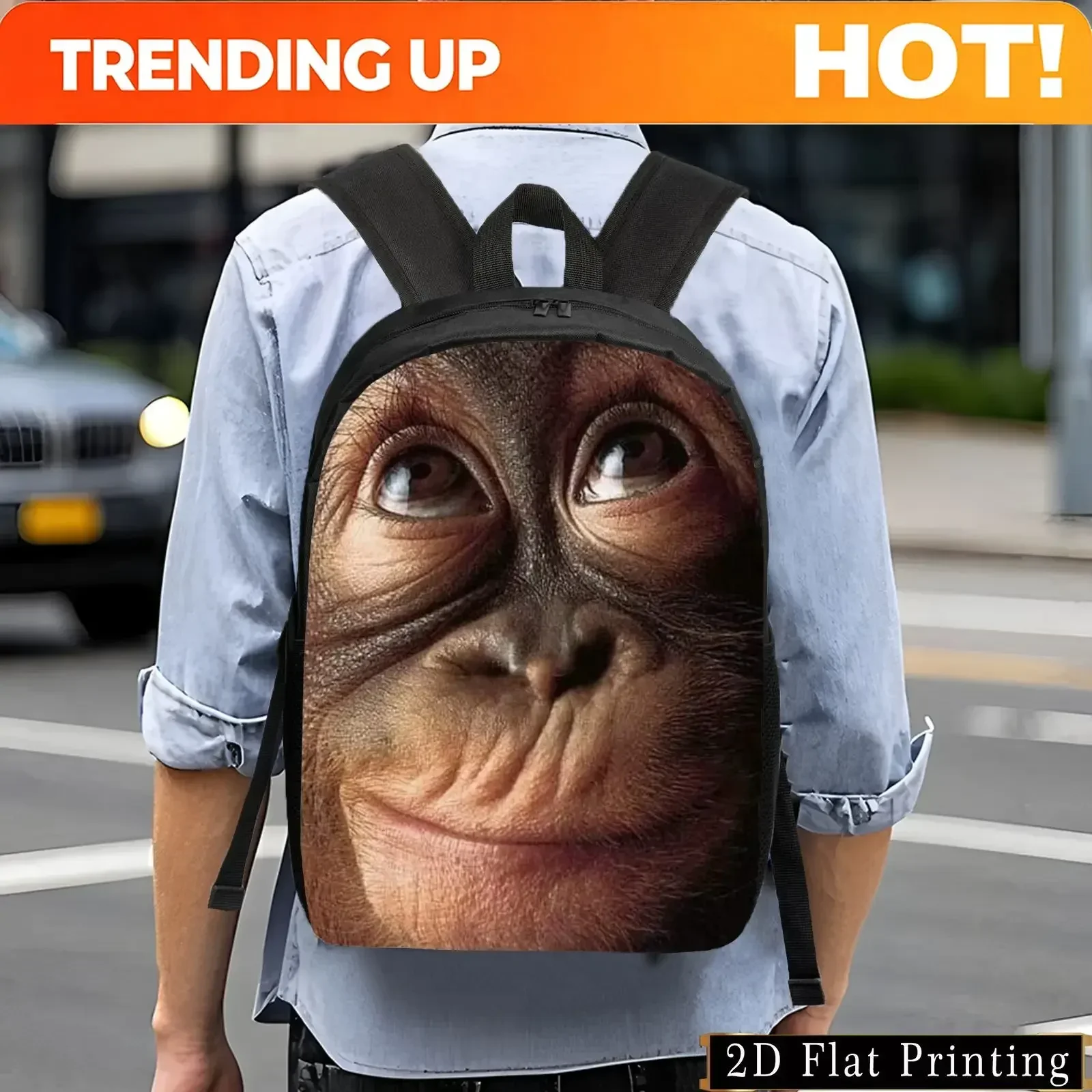 Custom Stylish Chimpanzee Face Print Backpack Lightweight Large Capacity Foldable Daypack With Adjustable Straps Side Pockets,