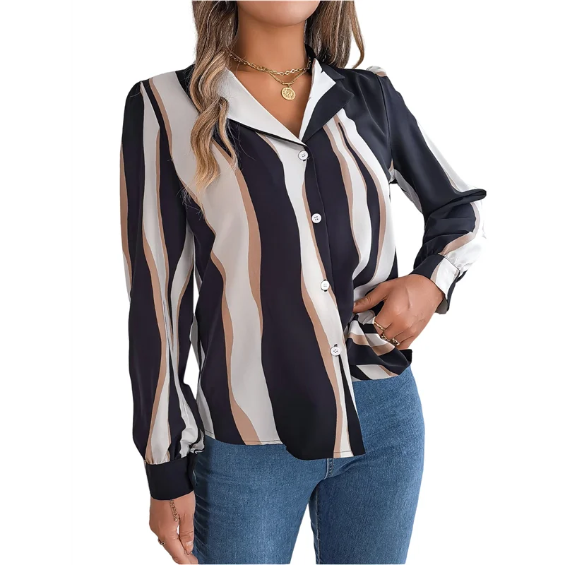 ASDS-Dames 2025, casual all-match contrasterende kleur gestreept pak met kraag en lange mouwen