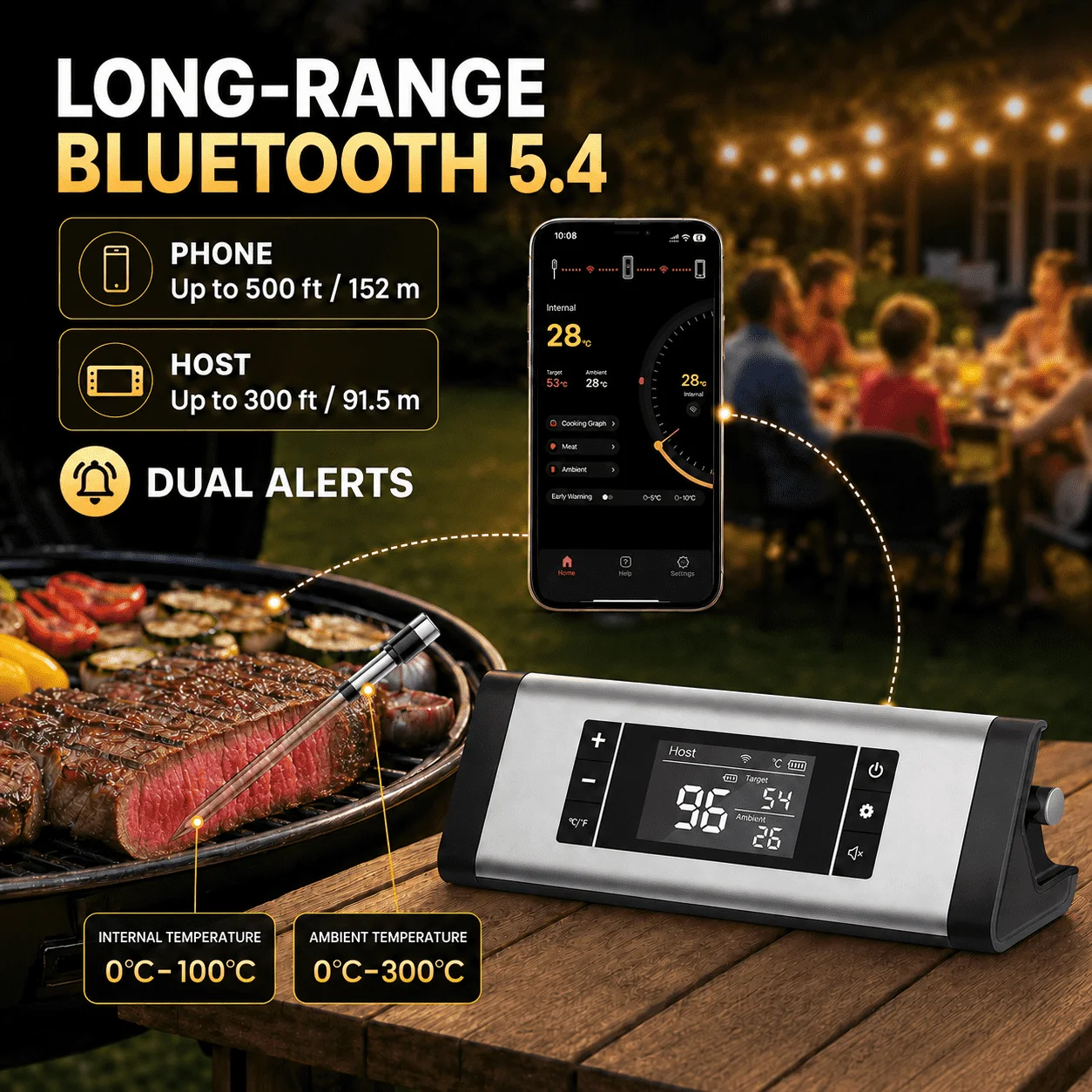 Smart Wireless Meat Thermometer Digital Bluetooth Probe with LCD Screen &  Alarm Support Mobile APP for Rotisserie Oven Grill