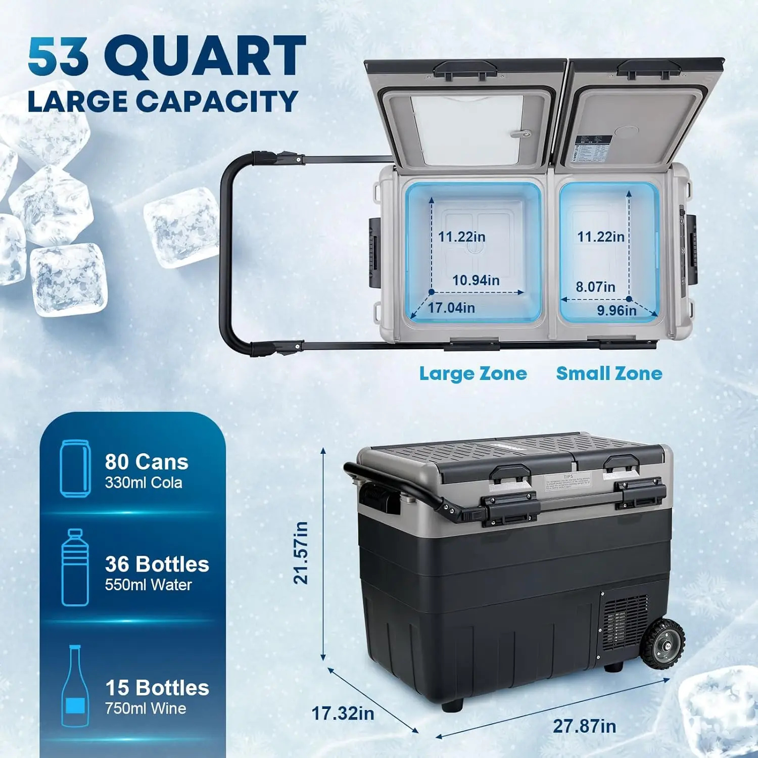 Refrigerador portátil do carro, congelador duplo da zona, zona dupla, 12V, 24V, C.C., 100-240V, 50L, 12V, 24V, 50L