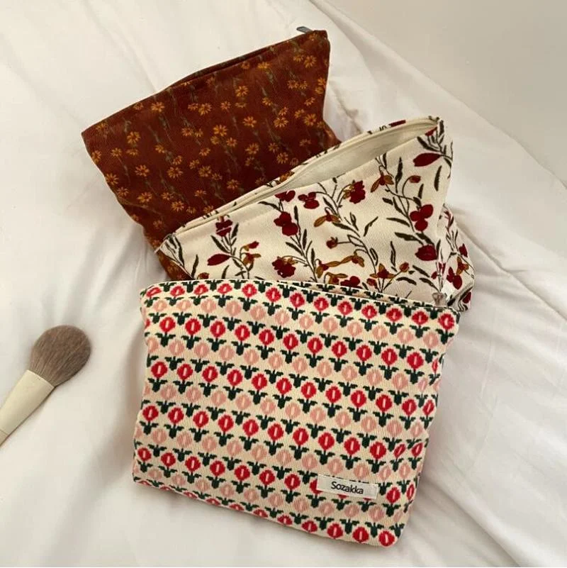 Fashion Corduroy Cosmetic Bag Retro Flower Print Cosmetic Bag Portable Wash Bag Women Travel Cosmetic Bag Beauty Storage Bag