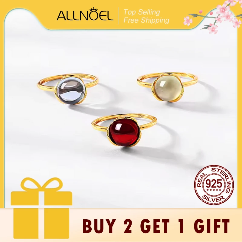 

ALLNOEL 925 Sterling Silver Natural Red Garnet Topaz Prehnite Rose Quartz Ring For Women Gold Plated Jewelry Gift Simple Style