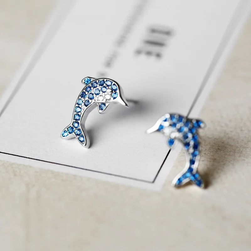 VENTFILLE 925 Sterling Silver New Design Blue Crystal Dolphin Stud Earrings For Women Fashionable Animal Shape All-Match Jewelry