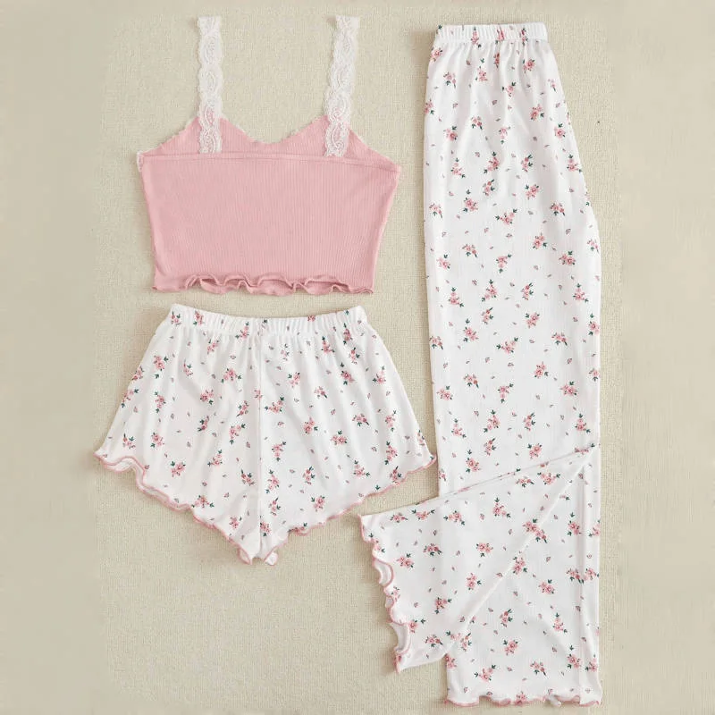 Sleepwear Set Lace Floral Spaghetti Strap Three Piece Shorts Long Pants Summer Sexy Cute Loungewear Nightwear Romantic Elegant