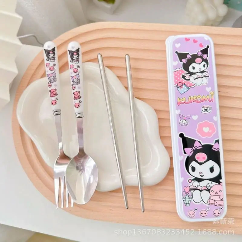 3Pcs Sanrio Kawaii Cutlery Set My Melody Cinnamoroll Kuromi Chopsticks Spoon Fork Set Portable Tableware Storage Box Gifts