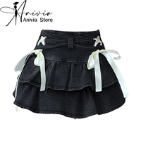 Women Black Gothic A-line Denim Skirt Aesthetic Vintage Y2k Lace-up Mini Jean Skirts Harajuku Korean Skirt 2000s Clothes Summer