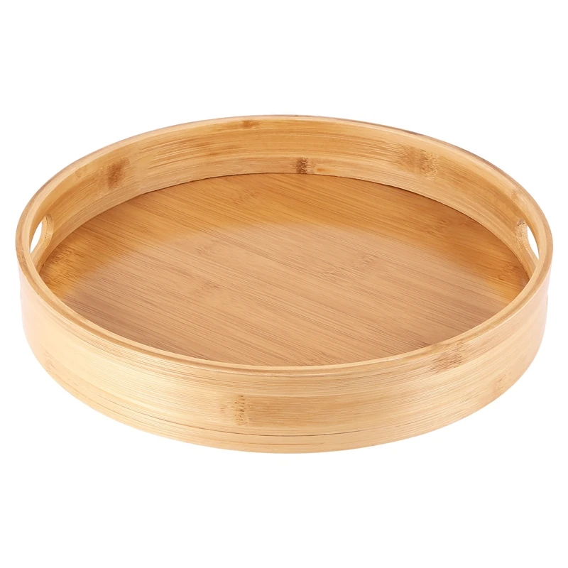 Round Serving Bamboo Wooden Tray for Dinner Trays Tea Bar Breakfast Food Container Handle Storage Tray 2