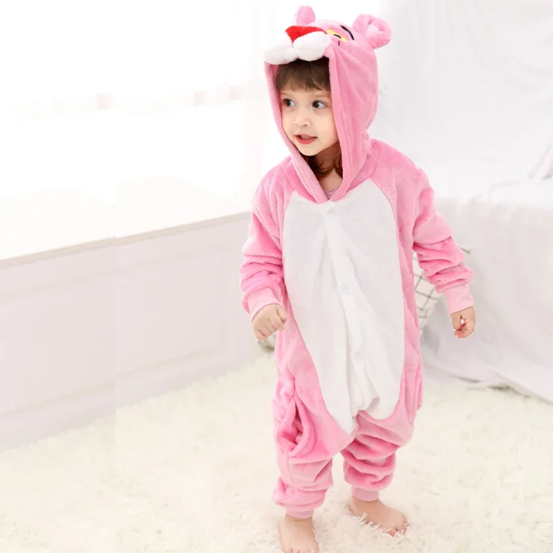 Cute Pink Kigurumis Panther Onesie Kid Boy Girl Pajama Animal Sleepwear Funny Jumpsuit Winter Warm Flannel Overalls Party Outfit