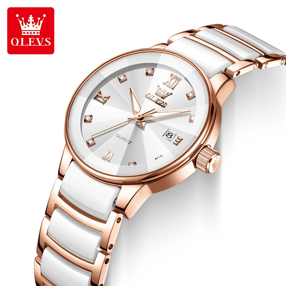 OLEVS 7114 Women Watch Ceramic Rose Gold Stainless steel Watch Waterproof Luminous Fashion Ladies Quartz Watch