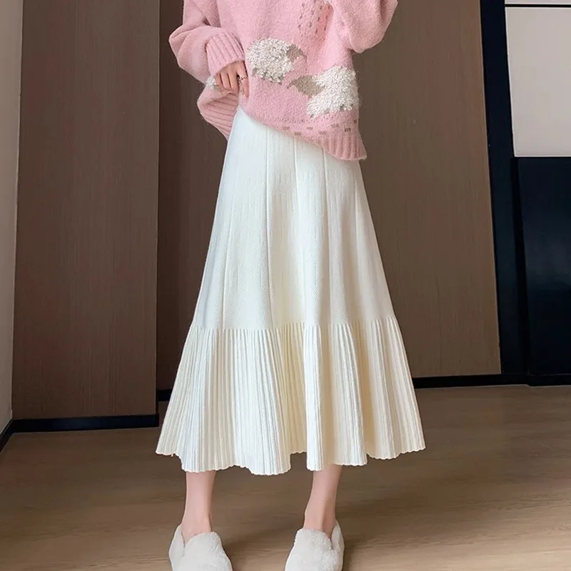 Women Autumn Winter Knit Midi Skirt High Waist A Line Pleated Swing Skirt For Petite Women